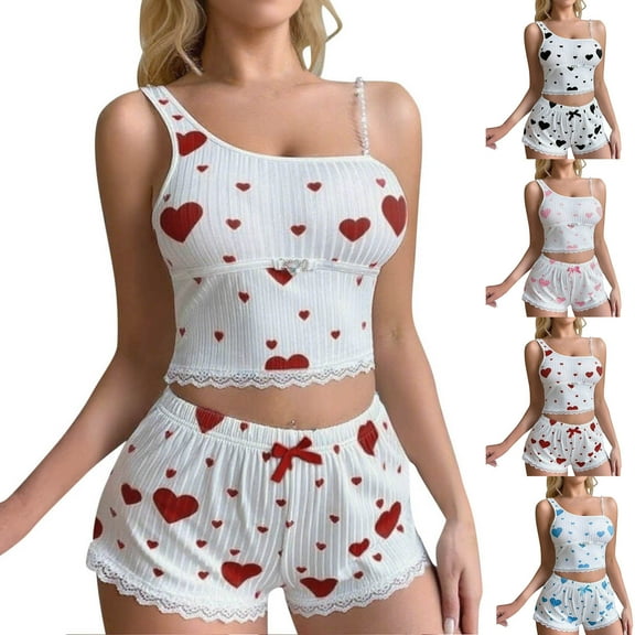 Nmnitkp Pajamas for Women Set Fashion Womens Pajamas Sleeveless Round-Neck Nightwear Underwear Short Sleepwear Set Red,L