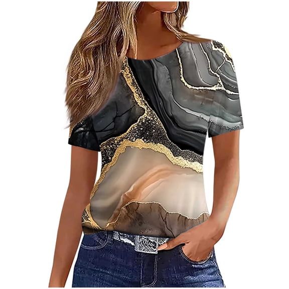 Alkepwun Short Sleeve Shirts for Women Casual Loose Non Positioning Printed Round Neck T-Shirt Comfort Breathable Lightweight Straight Shoulder Top
