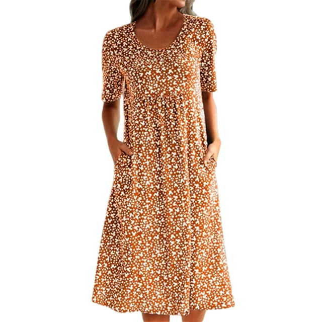 LUXUR Robes Courtes Mini pour Femmes Col Ras du Cou Robe T-shirt Robe T-shirt Robe d'Été Manches Simples Orange 3TG