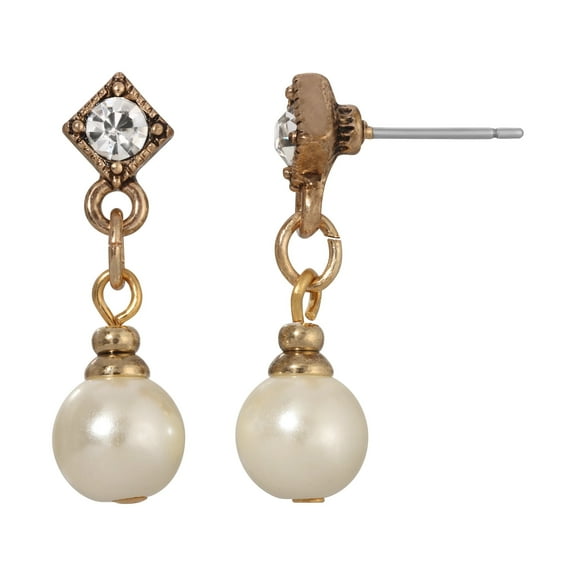1928 Jewelry Women's Gold Tone Classic Faux Pearl Crystal Accent Drop Earrings