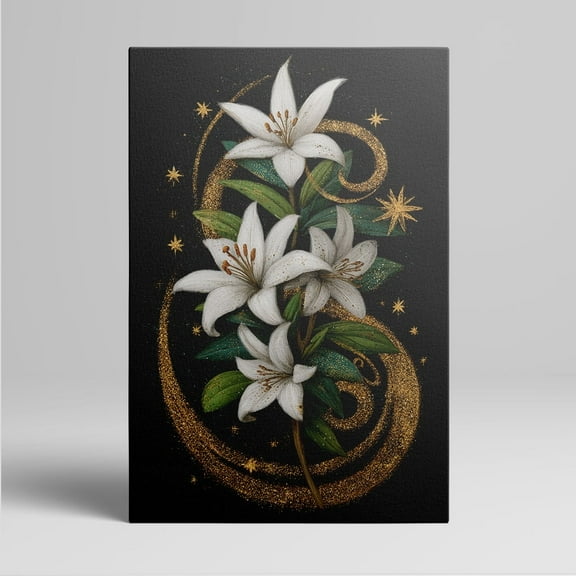 Elegant White Lily Flowers with Golden Glittery Swirls and Stars Framed Wall Decor Canvas Art Prints