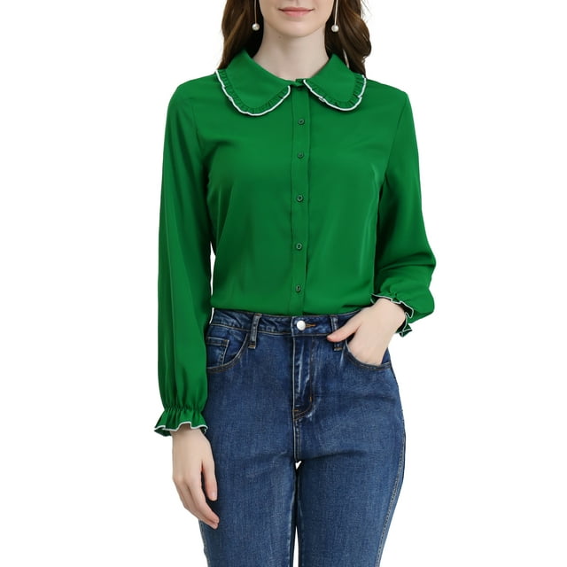 INSPIRE CHIC Women's Sweet Ruffle Peter Pan Collar Button up Work Shirts XL Dark Green