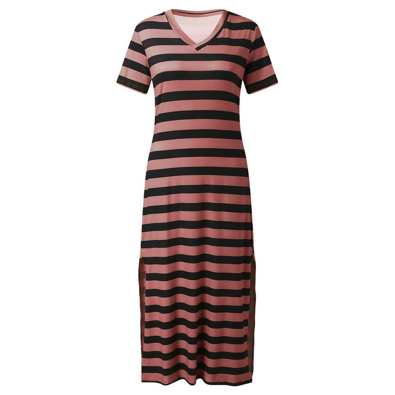 EQWLJWE Women 2024 Maxi Dress Short Sleeve V Neck Stripe Sundress Split Loose Long Summer Beach T Shirt Dresses Gift Pink M Walmart