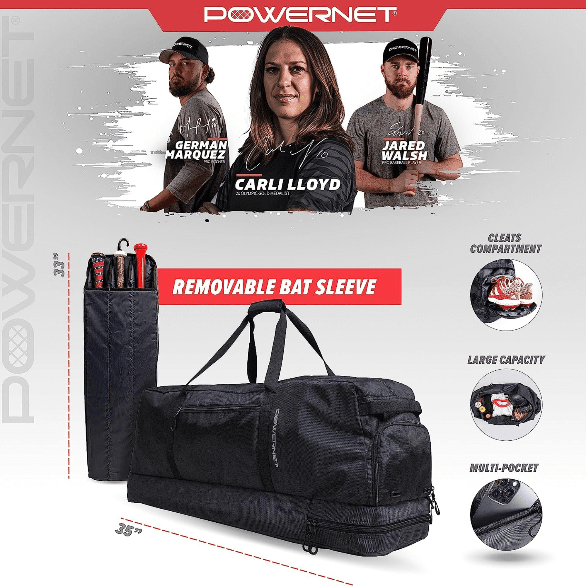 PowerNet Pro Bat Duffle, Softball Baseball Duffle Bag with Removable Bat Rack, Padded Bat Compartment Fits 34 Inch Bats, Baseball Gear Bag, Hook Baseball Bat Bag to Fence