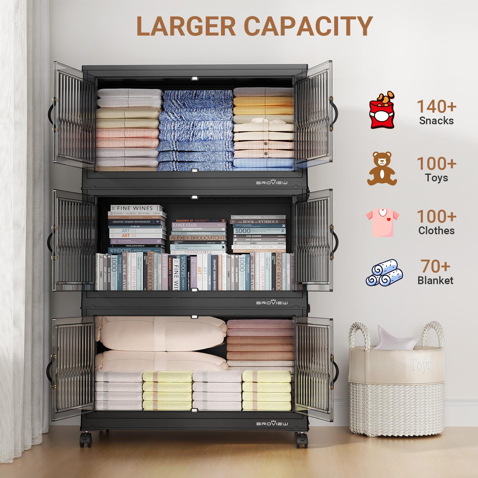 BROVIEW 240Qt Stackable Storage Bins with Lid, Plastic Closet Organizers and Storage Drawer, Collapsible Storage Box with Wheels, Folding Storage Cabinet for Closet Clothes Organization, 3Pack Black