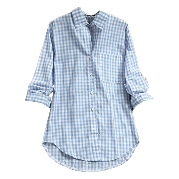DondPO Womens tops Women's Plaid Lapel Long Sleeve Vintage Shirt top Shirts for Women Linen Shirts for Women Blue XL Clearance!