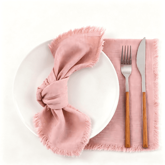 Cloth Napkins Set of 8, Handmade Cotton Linen Dinner Napkins with Fringe, Dusty Rose Rustic Cloth Napkins Bulk for Wedding, Party, Holiday Gathering, 16.5" x 16.5"