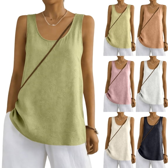 Linen Tops for Women Comfy Lounge Wear Summer Sleeveless Crewneck Shirt Casual Blouse Loose Fit Gauze Cami Shirts Yellow L