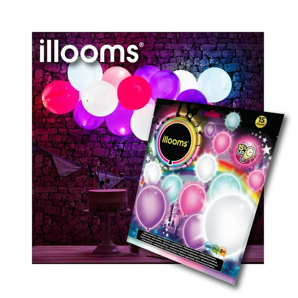 Ballons illuminés illooms à DEL en rose, violet, blanc et bleu Paq. de 15