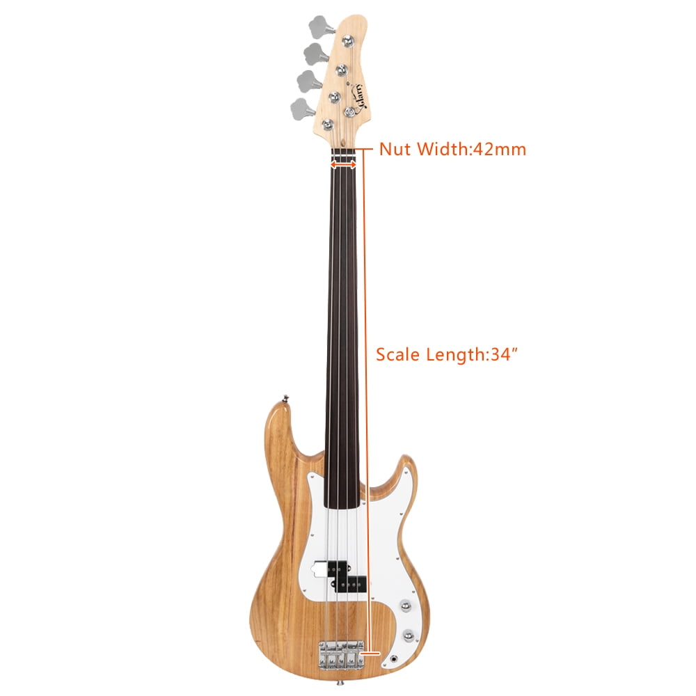 Fretless Electric Bass Guitar GP Bass Full Size 4 String for Experienced Bass Players with Wrench Tools, Burlywood