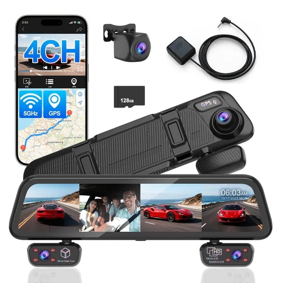 PRUVEEO 4-Channel Mirror Dash Cam, FHD 1080P, IR Night Vision, GPS, Parking Monitor, Reverse View, Free 128GB Card