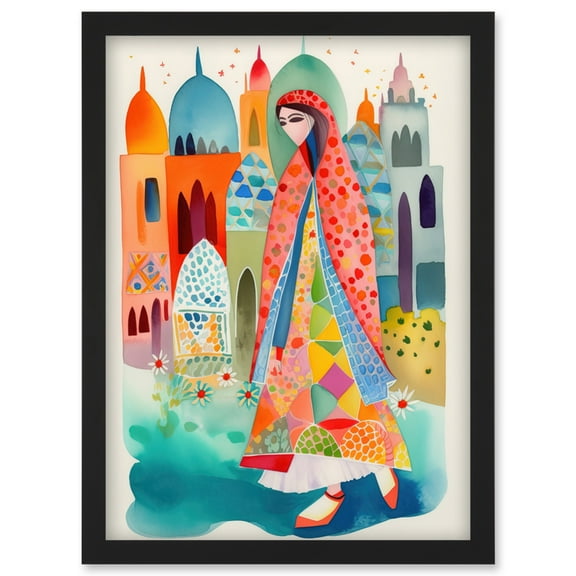 Hijab Muslim Woman with Buildings Folk Art Artwork Framed Wall Art Print A4