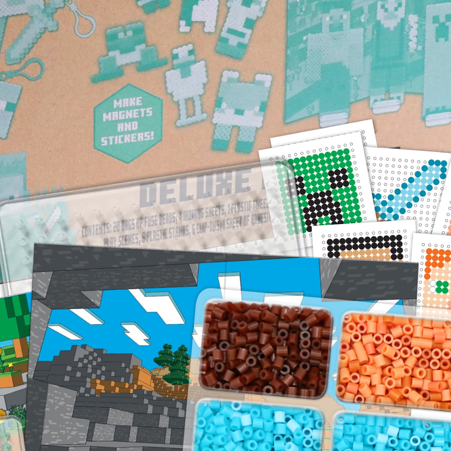 Tara Toy: Deluxe Pixel Art - Minecraft - 810pc DIY Bead Craft Kit, Design & Fuse, Make Character Magnets & Stickers, Play Scene, Guide Booklet, Kid 6+