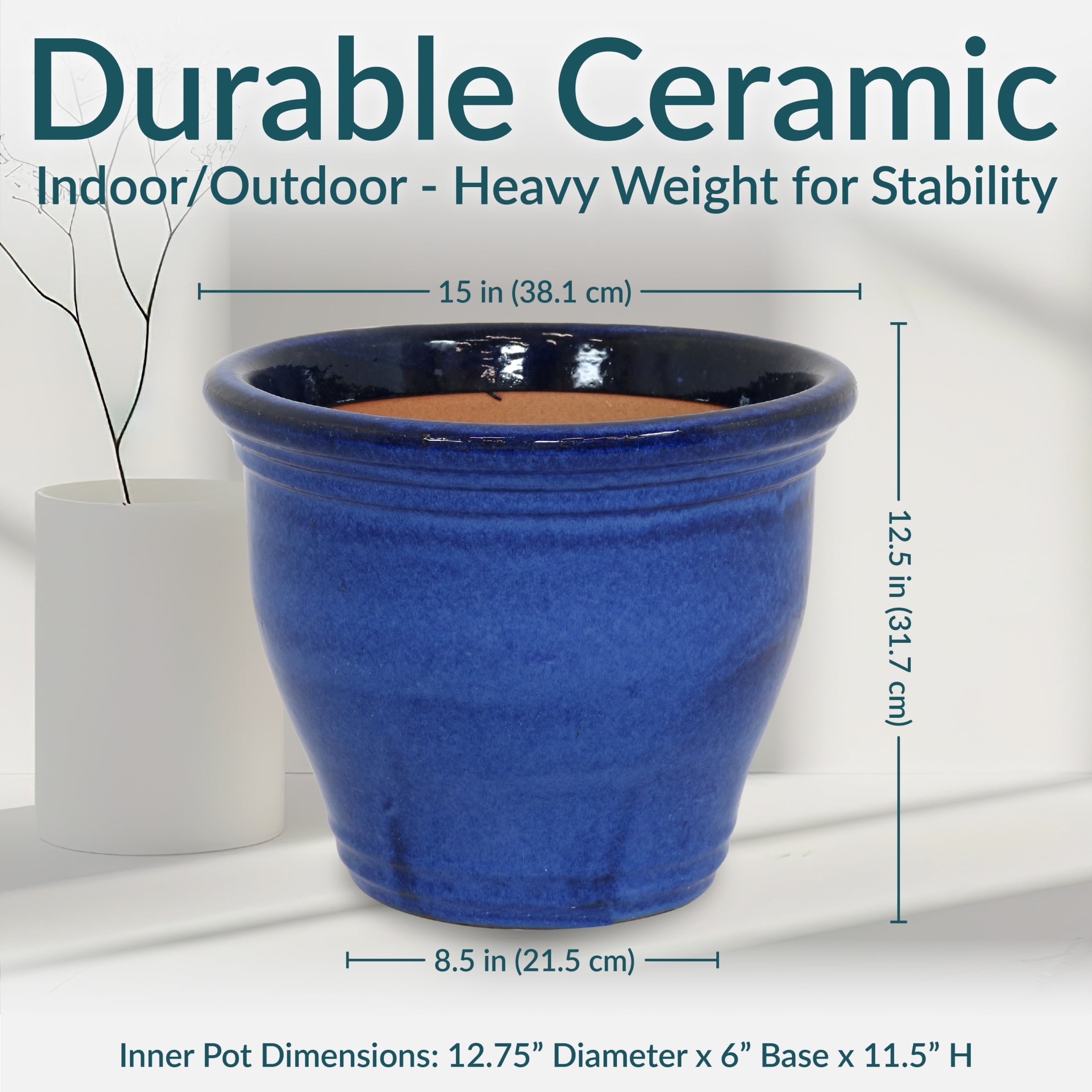 Sunnydaze Studio 15" x 15" x 12.5" Round Imperial Blue Outdoor Ceramic Planter
