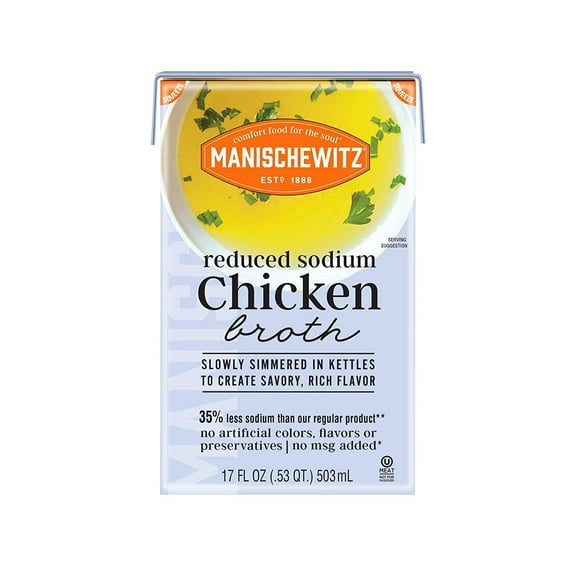 Manischewitz Reduced Sodium Chicken Broth 17oz 3 Pack, Flavorful, Kettle Cooked, Slowly Simmered