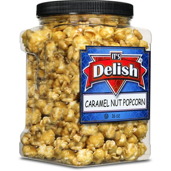 Gourmet Caramel Nut Popcorn with Peanuts by Its Delish, 16 OZ Jumbo Container  Caramel Air Popped Sweet Crunchy Glazed Carmel Corn With Nuts Snack, Movie Night, Parties - Gluten Free, Vegan, Kosher