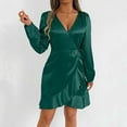 thumbnail image 6 of Ruimatai Women's V-Neck Tie-Waist Ruffled Hem Long Sleeve Dress, Summer Casual Solid Color Wrap Dress, Elegant Puffed Sleeve Party Dress for Cocktail Date Night, 6 of 7