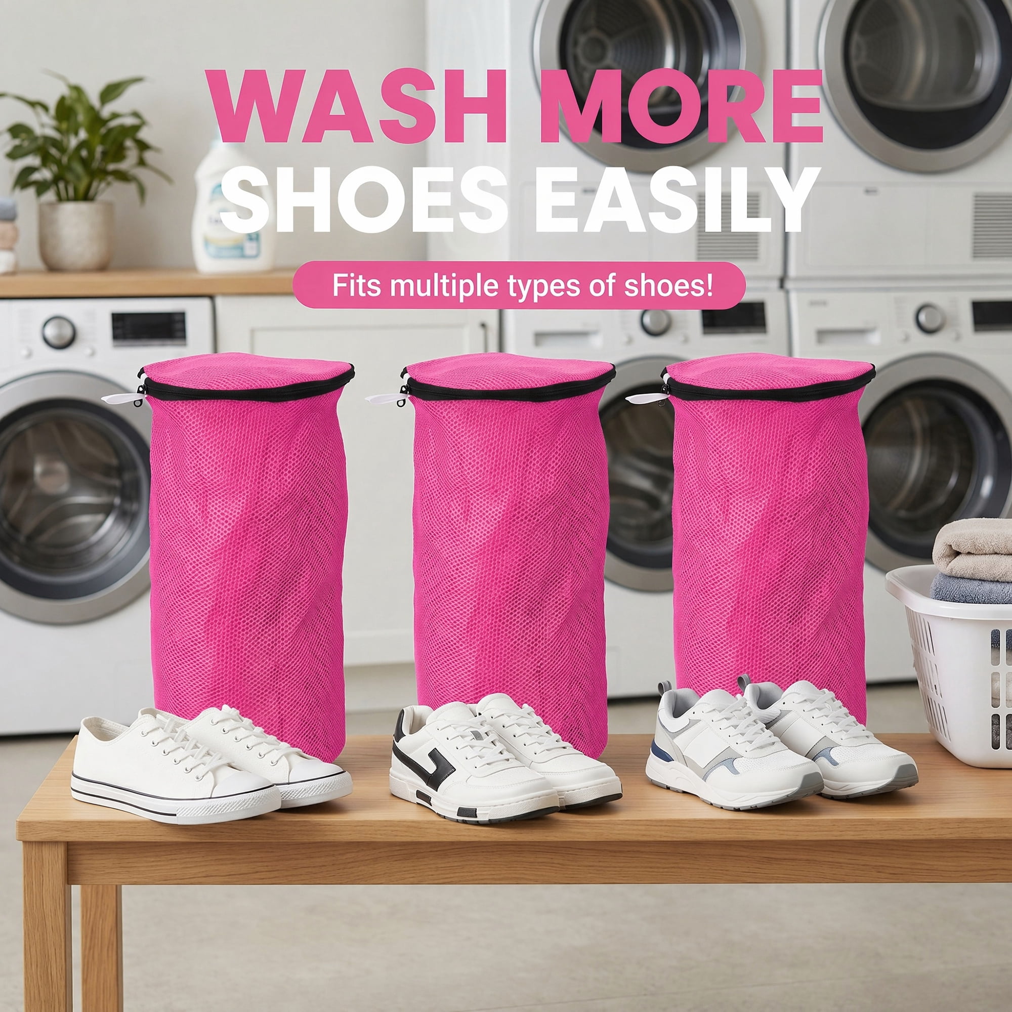 Unique Bargains 2 Pack Polyester  Zippered  Shoe Bag for Washing Machine Pink 7.9"x15"