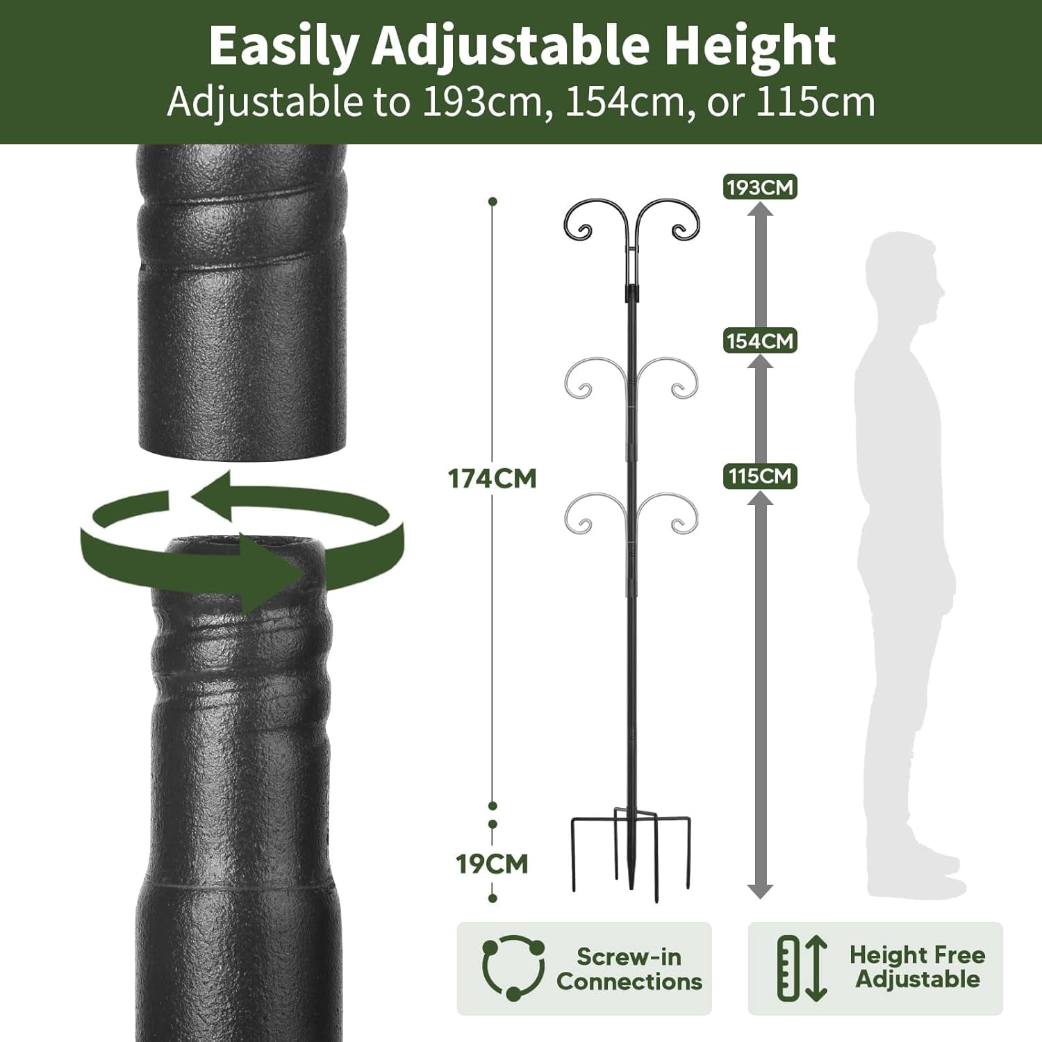 KOLAKO Bird Feeding Station, Heavy Duty Bird Feeder Poles, Metal Shepherd Hooks for Hanging Garden Lights, Basket, 193cm, Black