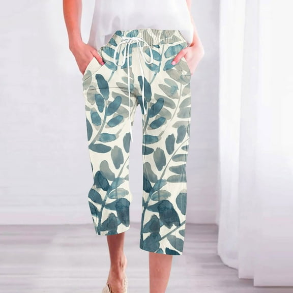 ZHUGeLI Dress Pants Women Cute Floral Print Capri Pants Women Summer Casual Cropped Pants Elastic Drawstring Waist Vacation Beach Pants Pocket Casual High Waisted Drawstring Beach Pant