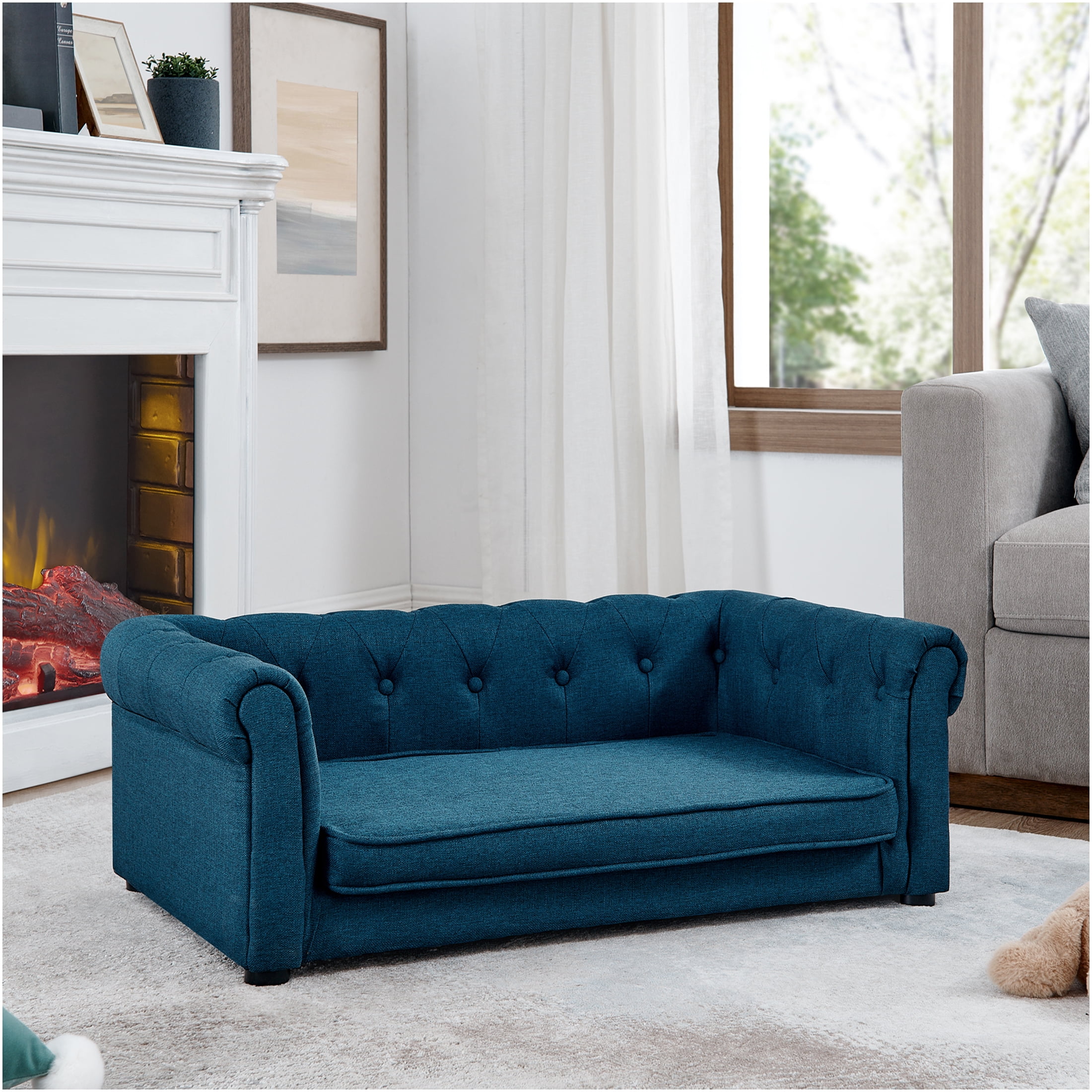 JERFIT Elevated Dog Bed for Small & Medium Dogs, Modern Pet Sofa with Foam Padding, Breathable Blue Fabric, Indoor Pet Furniture, Supports up to 100lbs