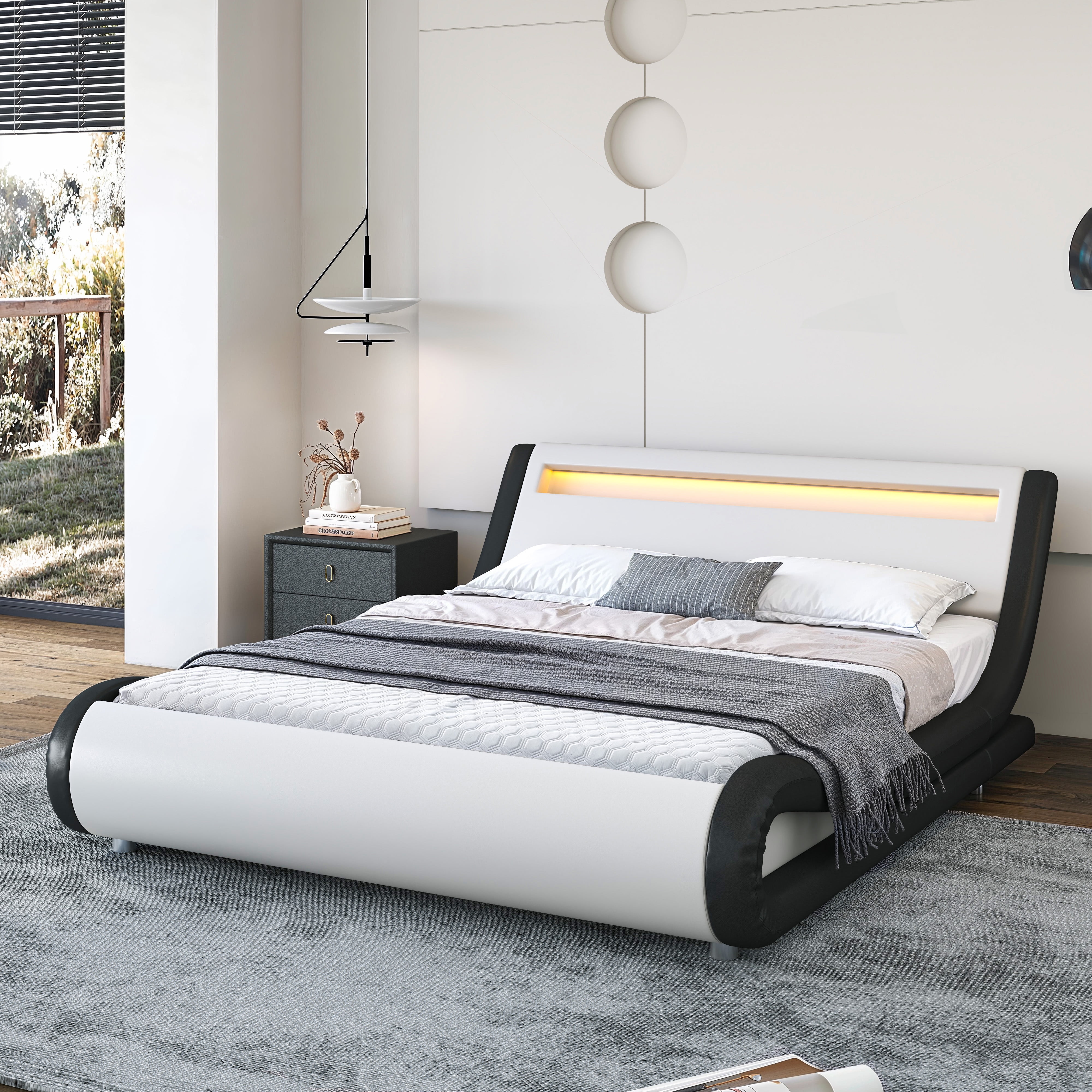 Sha Cerlin Full Size Wave-Like Curve PU Leather Platform Bed Frame with Adjustable Headboard and LED Lights, White+Black
