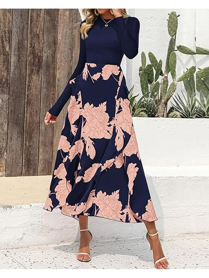 FreshPretty Womens Floral Maxi Dress Spring Summer Casual Crewneck