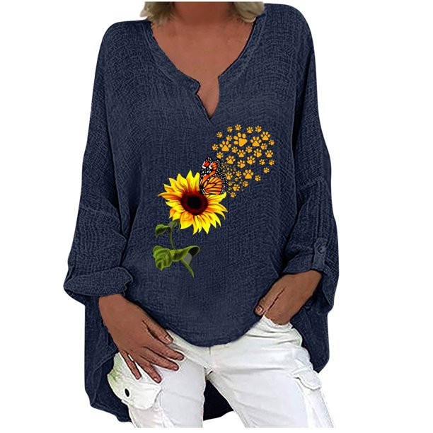 Camiseta suelta estampada a la moda para mujer Blusa de manga larga con cuello en V Tops casuales Pompotops FGAJ3832