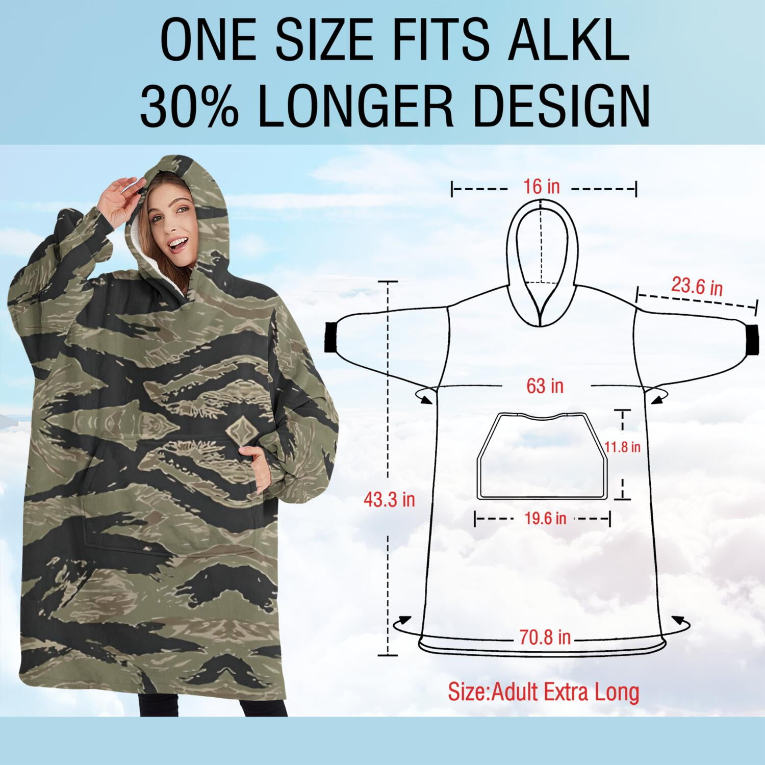 Oversized Wearable Blanket Hoodie,Green Camo Tiger Stripe Pattern Sherpa Blanket Hoodie with Super Pockets,Super Warm Fuzzy Pullover for Women & Men