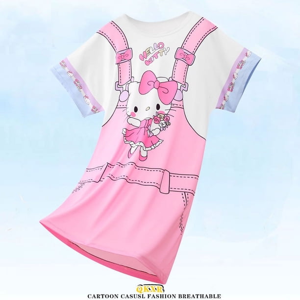 Pijamas infantiles de verano para niñas, lindos pijamas de manga corta con cuello redondo de dibujos animados, ropa de hogar holgada y delgada para niñas de talla mediana y niños mayores