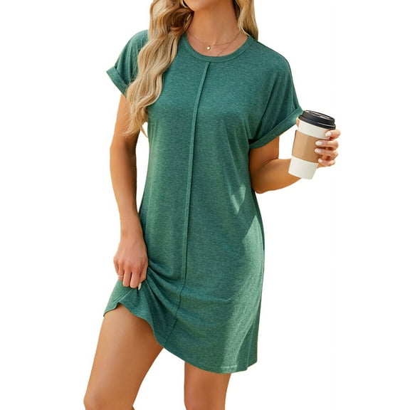 Womens Summer T Shirt Dress Casual Cap Sleeve Crewneck Loose Shift Mini Dresses Ink Green S
