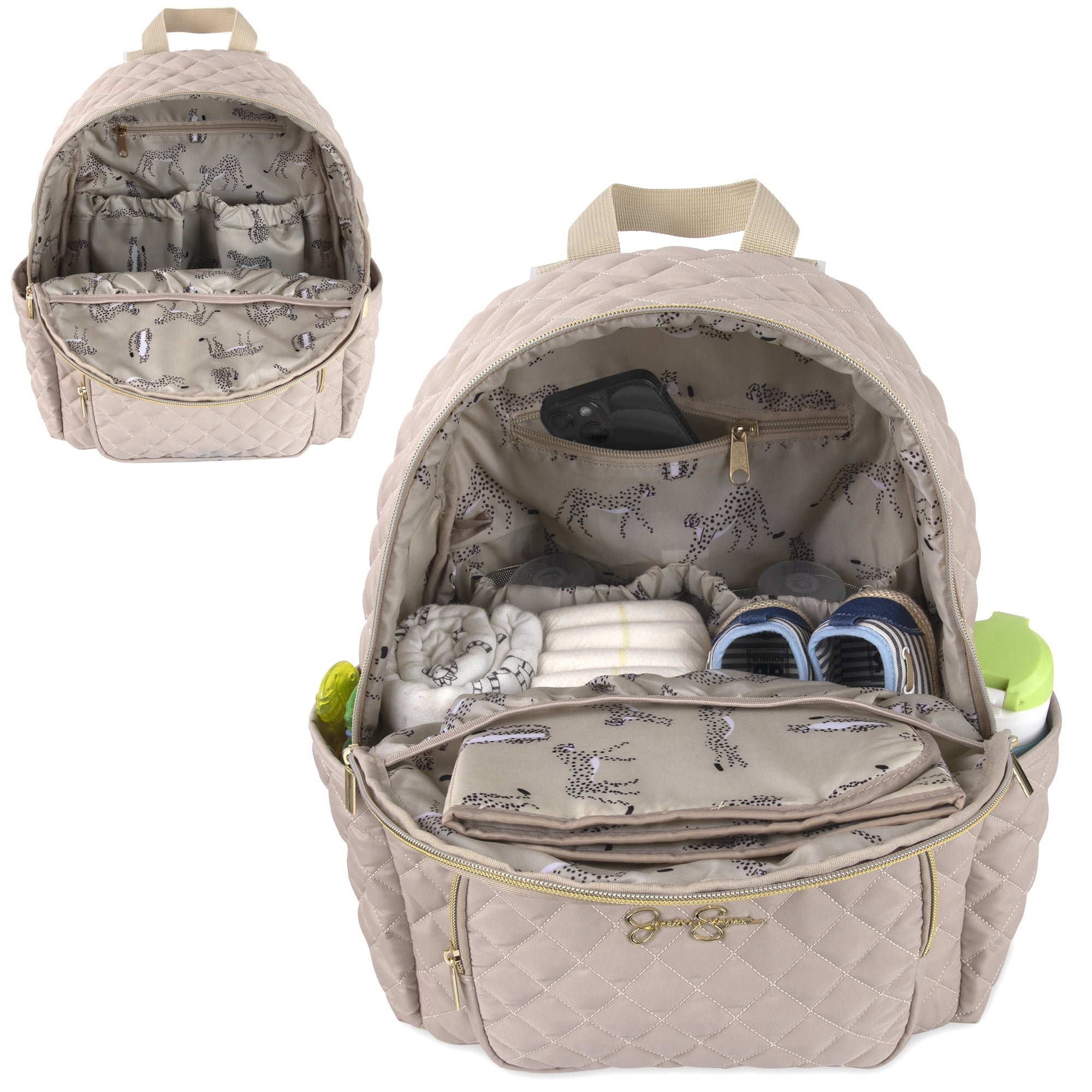 Jessica Simpson Taupe Diamond Quilted Multi-Pocket Dual Zipper Closure Fashion Diaper Bag Backpack with Running Cheetah Print Interior, Matching 3-Ply Folding Baby Changing Pad