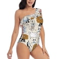thumbnail image 3 of Easygdp Hand Drawn Animals Women's One Shoulder Ruffle Monokini Bathing Suits with Removable Chest Pad, Quick Drying - Small, 3 of 8