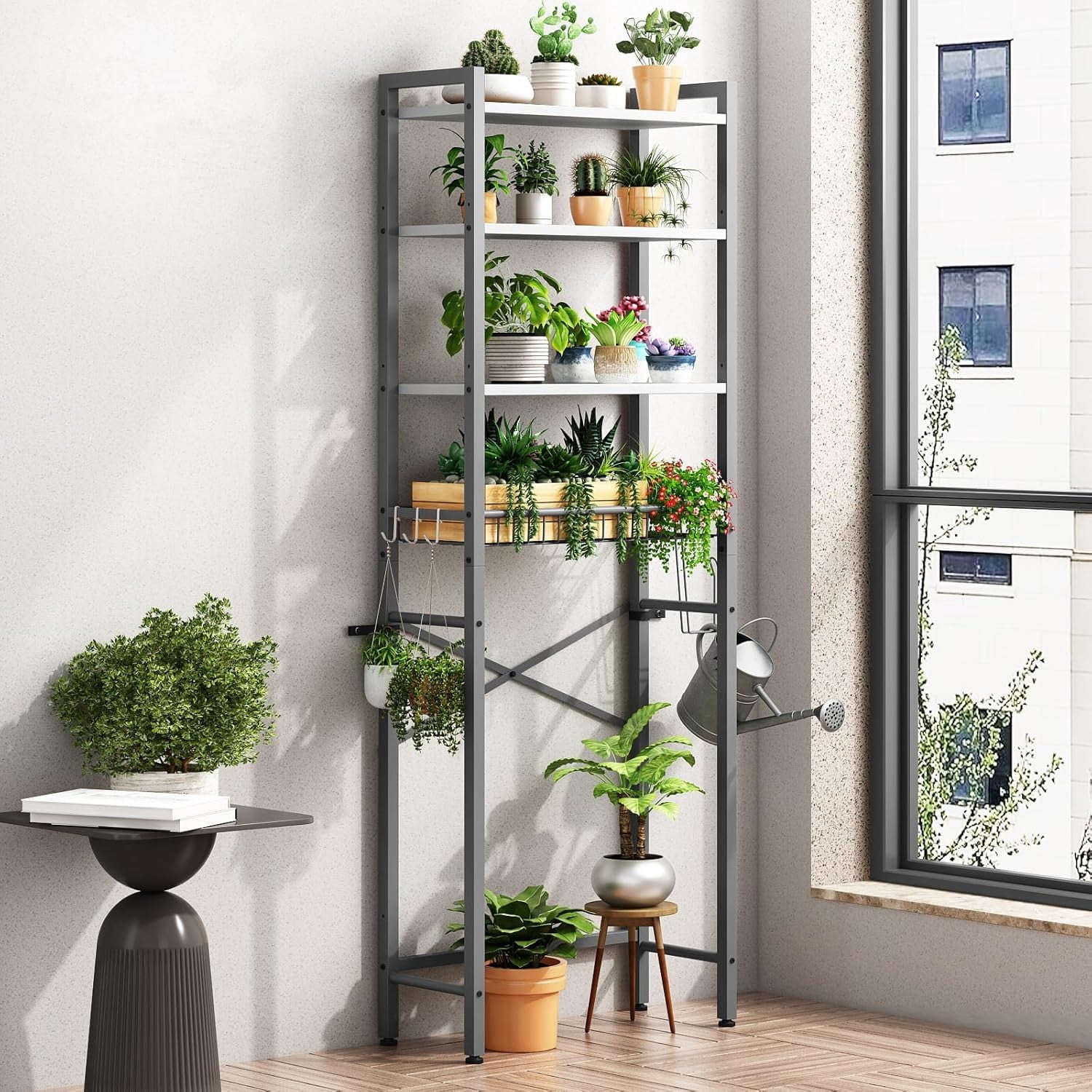 Biemlerfn Over The Toilet Storage Shelf, 4-Tier Wooden Bathroom Organizer Adjustable Saver Space Rack with Toilet Paper Holder, Gray&White