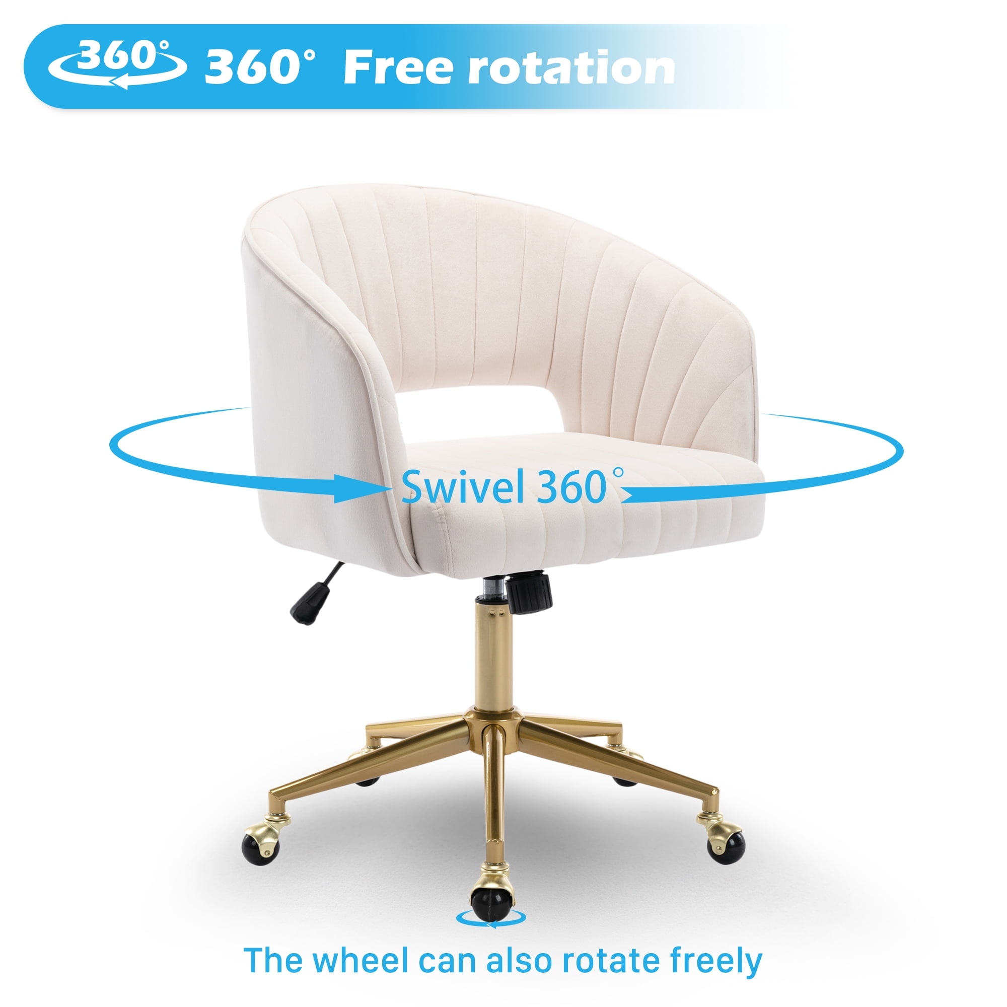 KCC Velvet Office Chair for Women, Swivel Vanity Desk Chair with Gold Base and Wheels, Adjustable Upholstered Chair for Bedroom, Makeup Room and Home Office(Cream)
