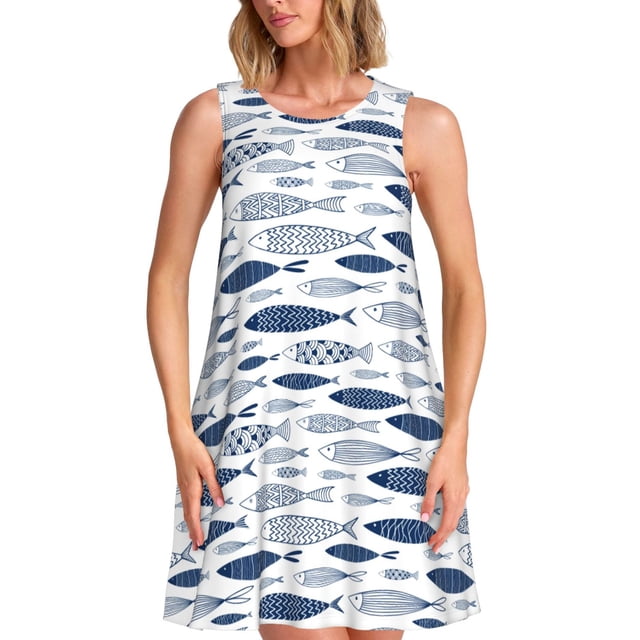 Fotbe Blue Fish Vestido de Verano sin Mangas para Mujer – Vestido Midi Línea A, Estilo Camiseta Floral, Vestido Playero Casual y Fluido