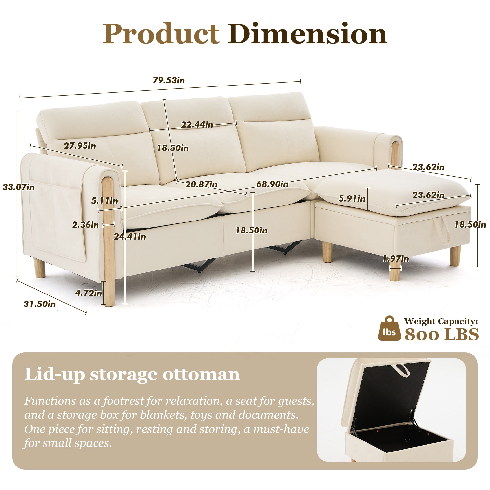 MOONMISS 3-Seater Chenille Sectional Sofa with Storage Ottoman & Side Pocket Convertible Chaise Lounge for Living Room,Beige