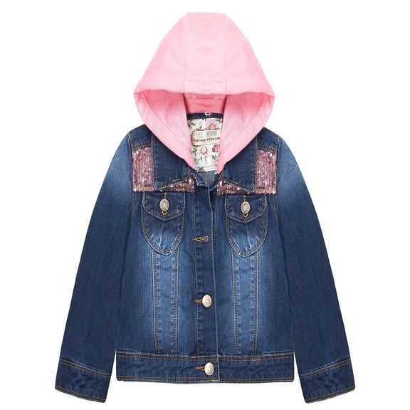 KIDSCOOL SPACE Little Girl Pink Detachable Hood Flower Embroidered Jean Jacket,Pink Cap,2-3 Years