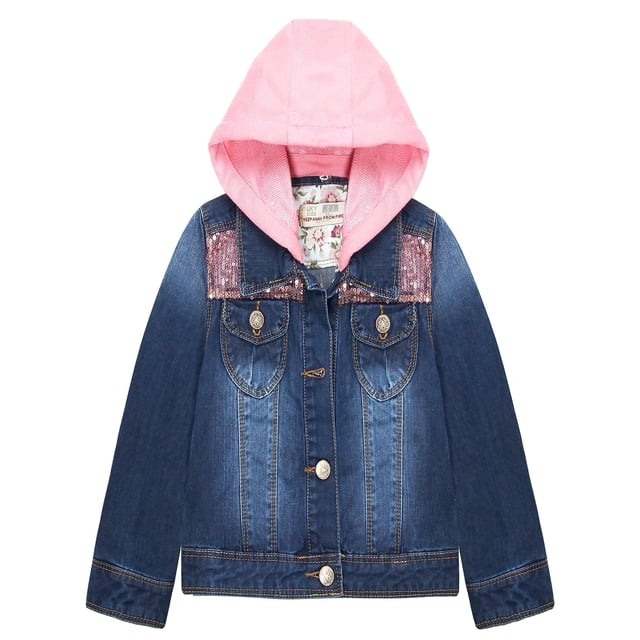 KIDSCOOL SPACE Little Girl Pink Detachable Hood Flower Embroidered Jean Jacket,Pink Cap,11-12 Years