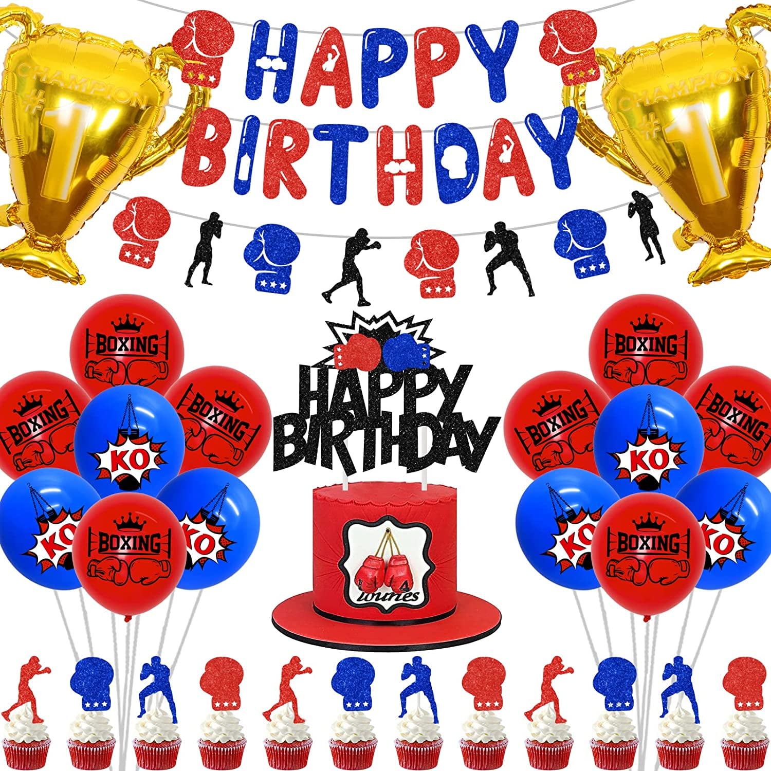 Red Blue Boxing Birthday Party Decorations for Boys, Boxing Match Party Supplies Boxing KO