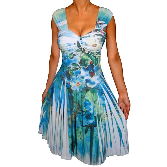 Funfash Plus Size Women Empire Waist White Blue Floral Swing Cocktail Dress - XL