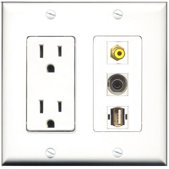 RiteAV - 15 Amp Power Outlet 1 Port RCA Yellow 1 Port USB A-A 1 Port 3.5mm Decorative Wall Plate