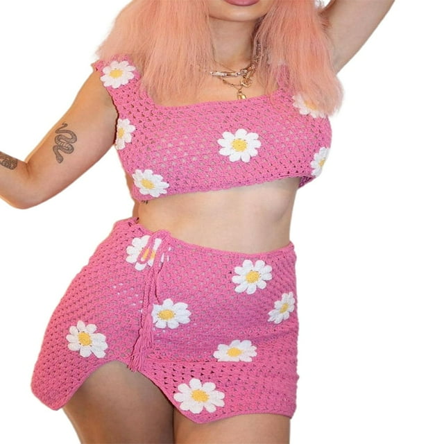 Women Two-Piece Clothes Set Floral Sleeveless Crop Tops And Knitted Skirt