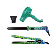 The Neo Choice 3 pcs Trio Complete Full Set W/ 1.25 Inch Hair Straightener, 18-25mm Curling Iron and Mini Hair Dryer (Peacock)