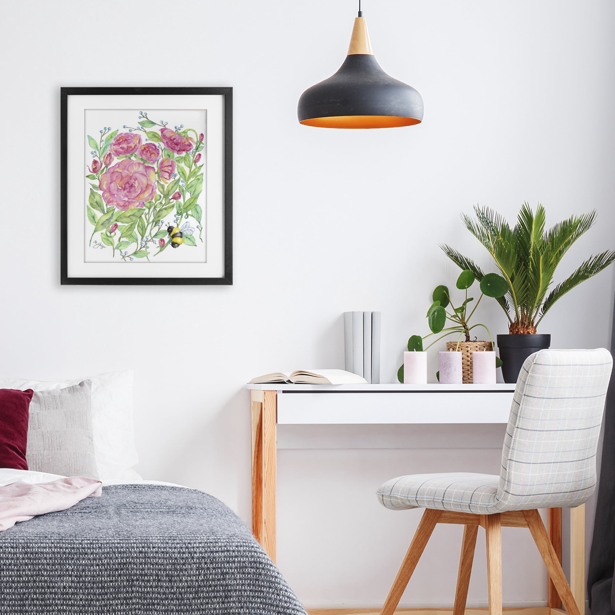 Stupell Industries Peony & Bumble Bee Black Framed Print Under Glass, design by Maureen Grigs