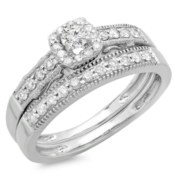 Dazzlingrock Collection 0.50 Carat (ctw) 10K Round Diamond Ladies Halo Engagement Bridal Ring With Matching Band Set 1/2 CT, White Gold, Size 8.5
