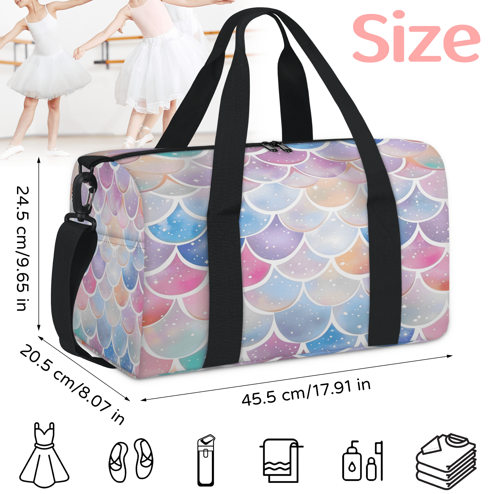 Herdesigns Rainbow Fish Scale Mermaid Gym Bag for Women, Duffle Bag for Travel Sport, Lightweight Waterproof Carry on Weekender Overnight Dance Yoga Workout Bags