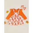 thumbnail image 3 of Suealasg 3Pcs Newborn Baby Girls Halloween Outfits Clothes Set 3 6 9 12 18 Months Infant Girls Crew Neck Long Sleeve Romper Pumpkin Print Suspender Skirt Headband Set, 3 of 7