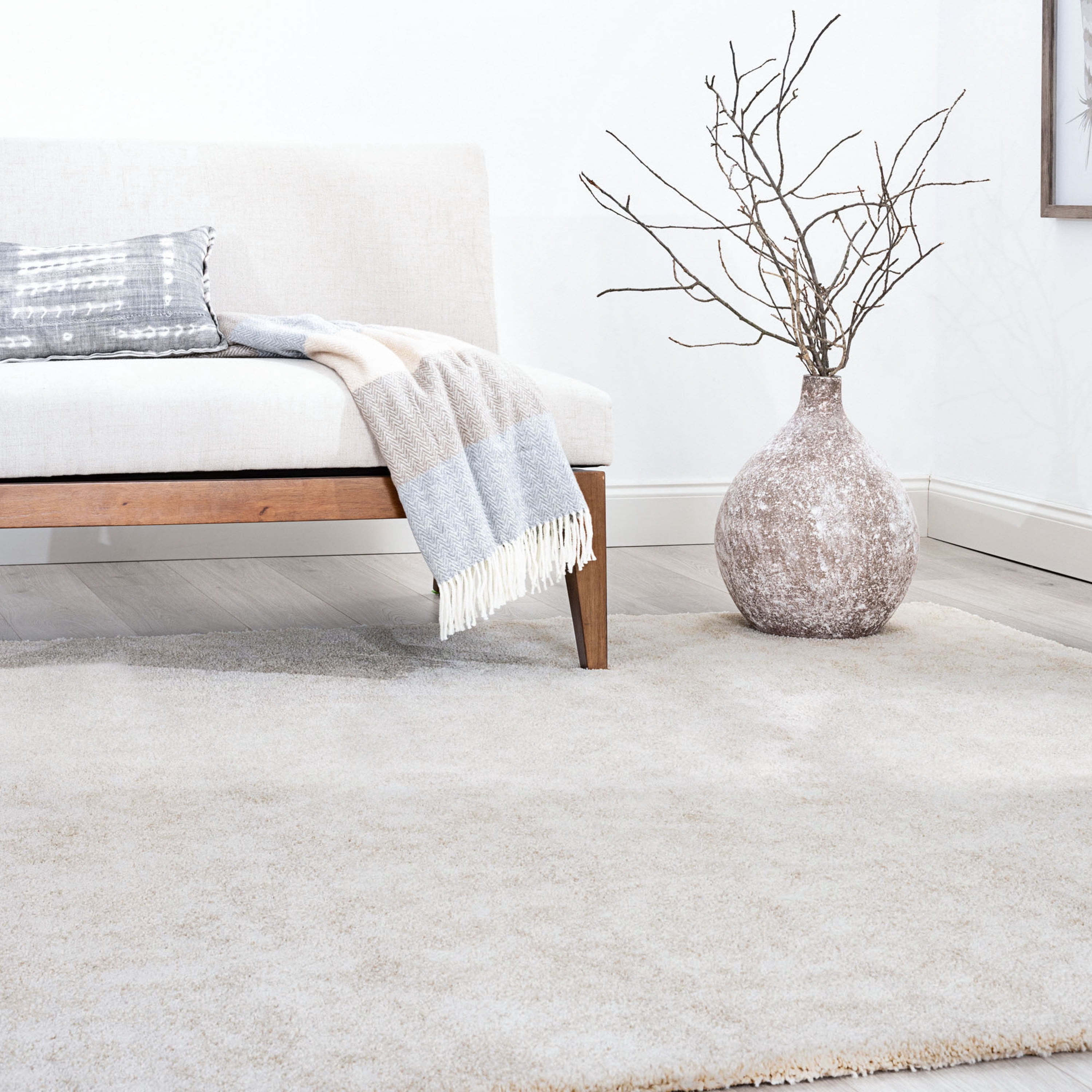 Shag 6x8 Area Rug Thick (5'6'' x 7'10'') Solid Cream Living Room Easy to Clean