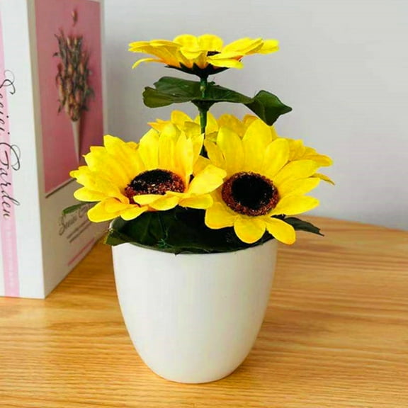 Yesbay Artificial Plant Pot Imitated Sunflower Desktop Beautifying Faux Silk Flower Micro Landscape Simulation Bonsai for Office,Yellow